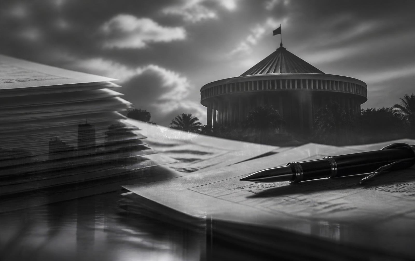 Black and white double exposure of stacked legal documents and the Hawaiʻi State Capitol dome with a pen resting on paperwork