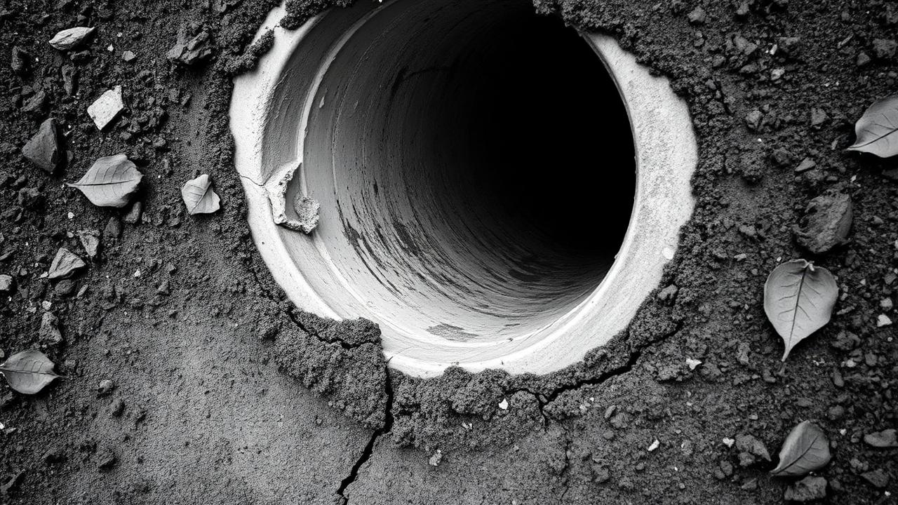 Black and white weathered concrete drainage pipe end in dirt