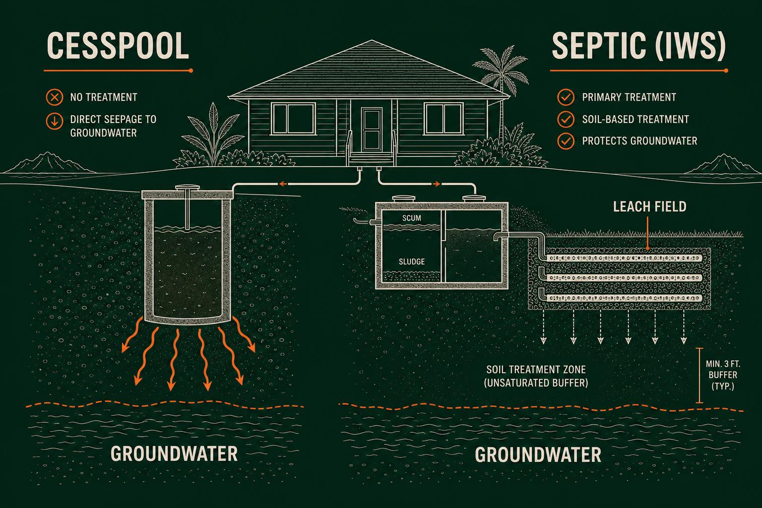 Kauaʻi cesspool vs IWS septic system side-by-side cross-section: cesspool seeps untreated sewage into groundwater; septic tank plus leach field protects groundwater