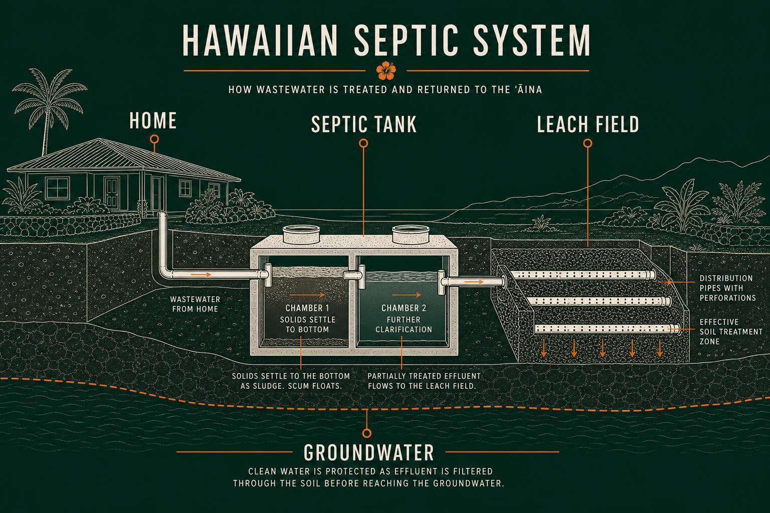 Editorial cutaway diagram of a Kauaʻi cesspool-to-IWS septic conversion: home, two-chamber septic tank, and leach field above the groundwater table