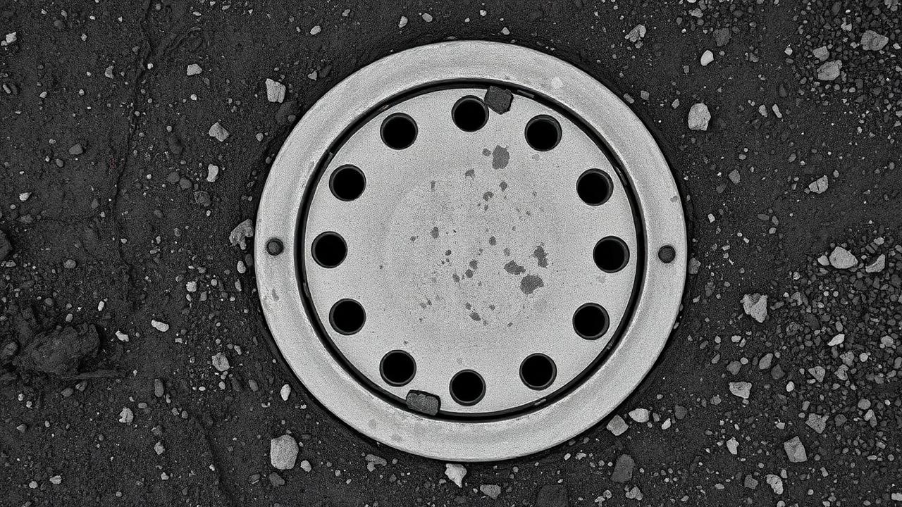 Black and white concrete septic tank manhole cover in gravel
