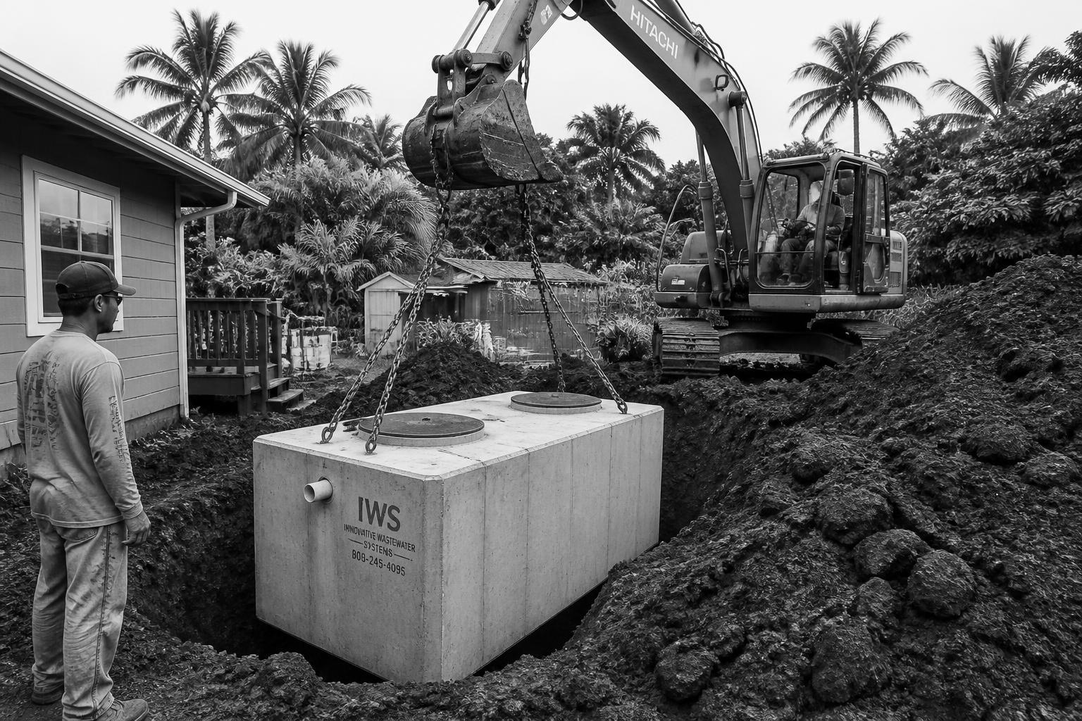 Black and white photo of a concrete IWS septic tank being lowered by an excavator into an excavated hole at a Kauaʻi residence during a cesspool conversion