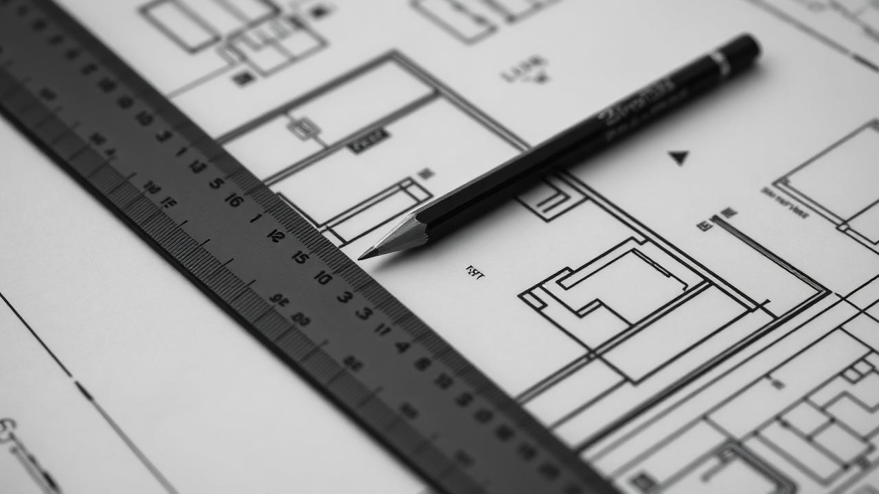 Black and white blueprint with pencil and ruler