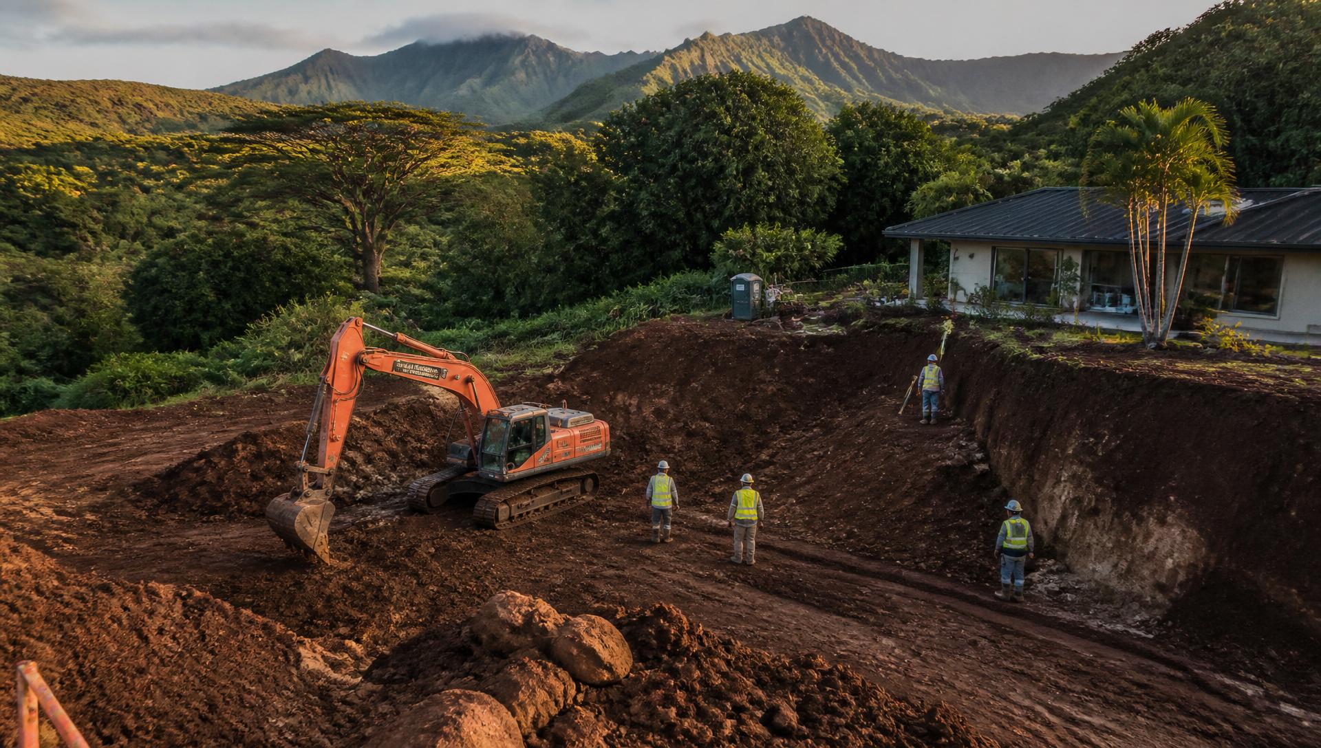 Kauaʻi cesspool conversion excavation crew on site at a residential property with green mountains, orange excavator, and red volcanic soil