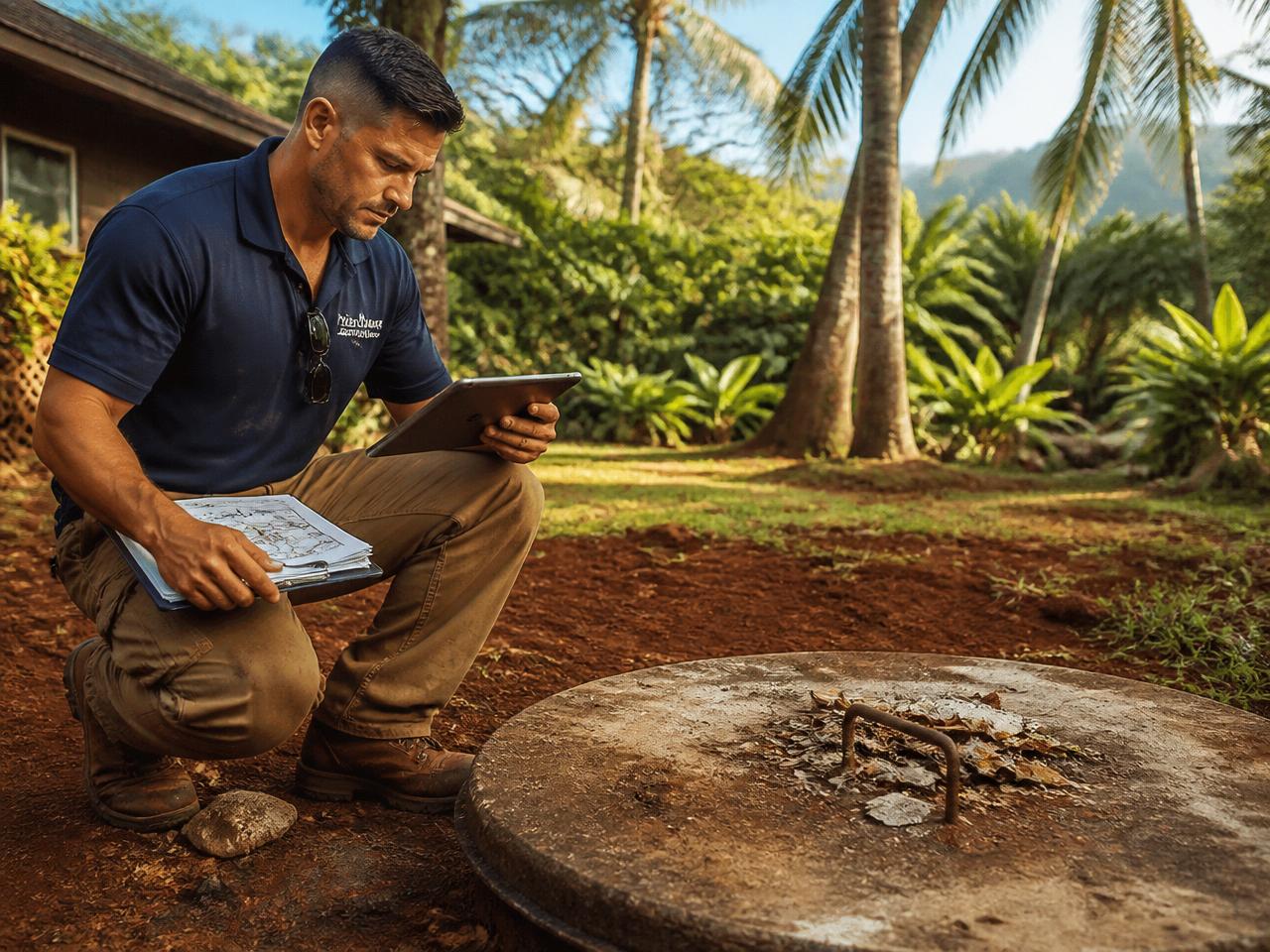 Kauaʻi cesspool conversion contractor performing a free on-site assessment with a tablet next to an existing cesspool lid in a tropical yard