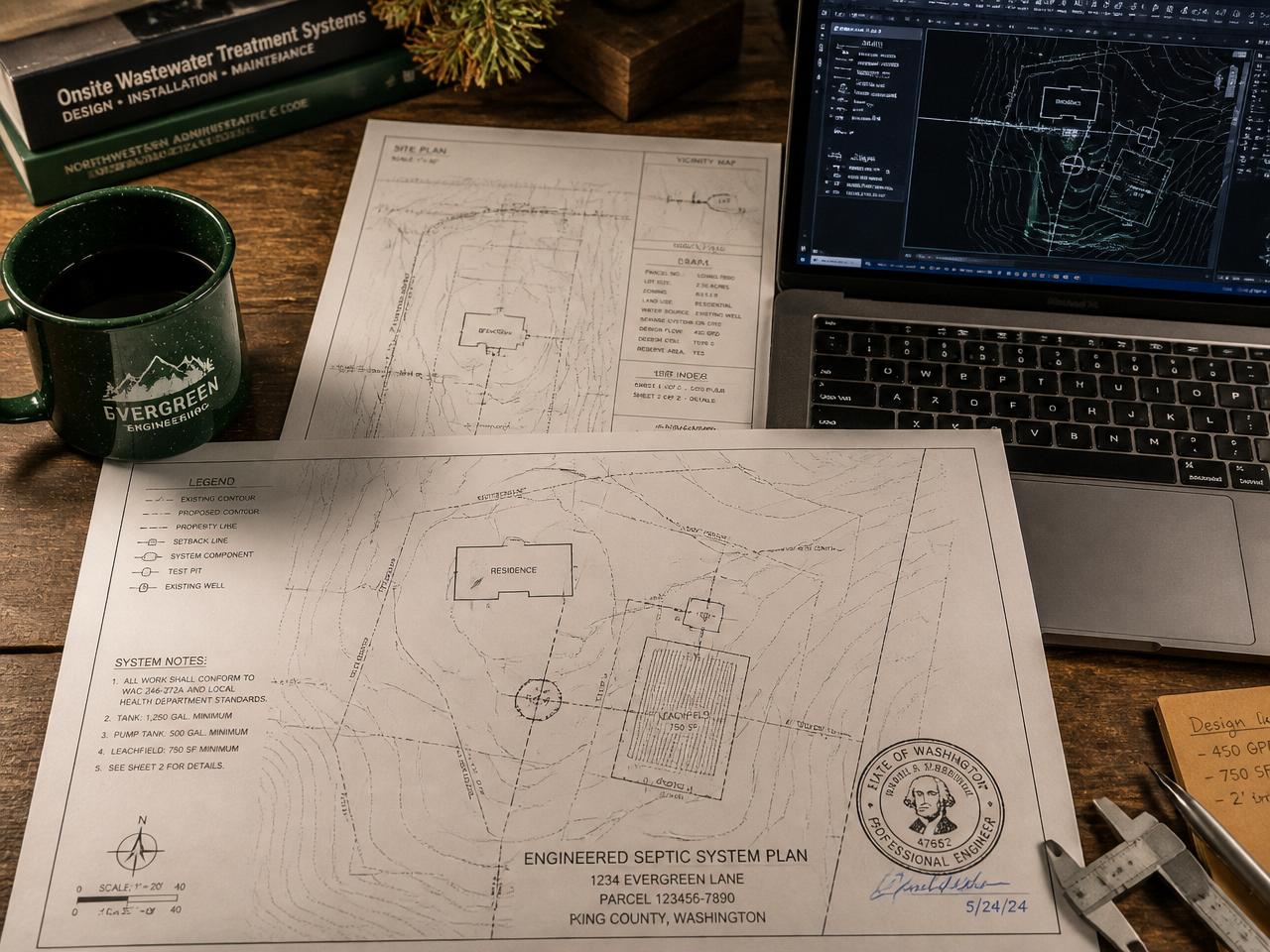 Engineered IWS septic system plans, stamped drawings, and laptop with a CAD site plan for Hawaiʻi DOH permitting