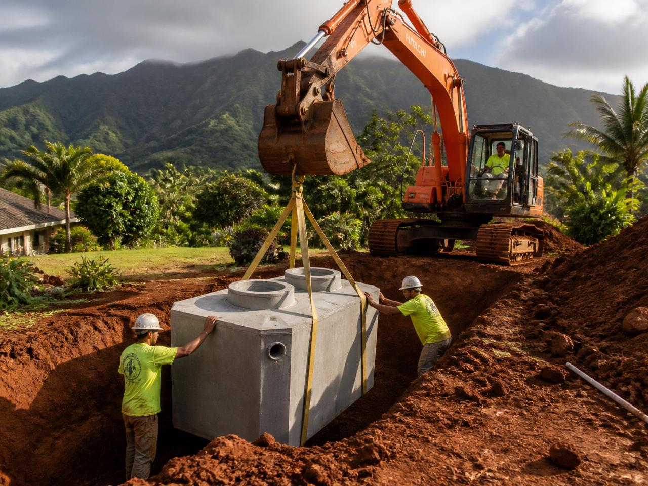 Orange excavator lowering a concrete septic tank into a trench in red Kauaʻi soil during a residential cesspool conversion installation