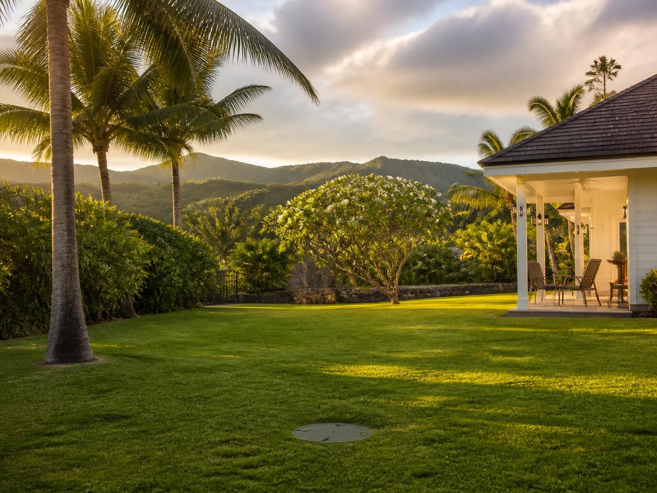 Restored Kauaʻi residential yard after septic installation with fresh green grass, palm trees, and a flush septic tank lid
