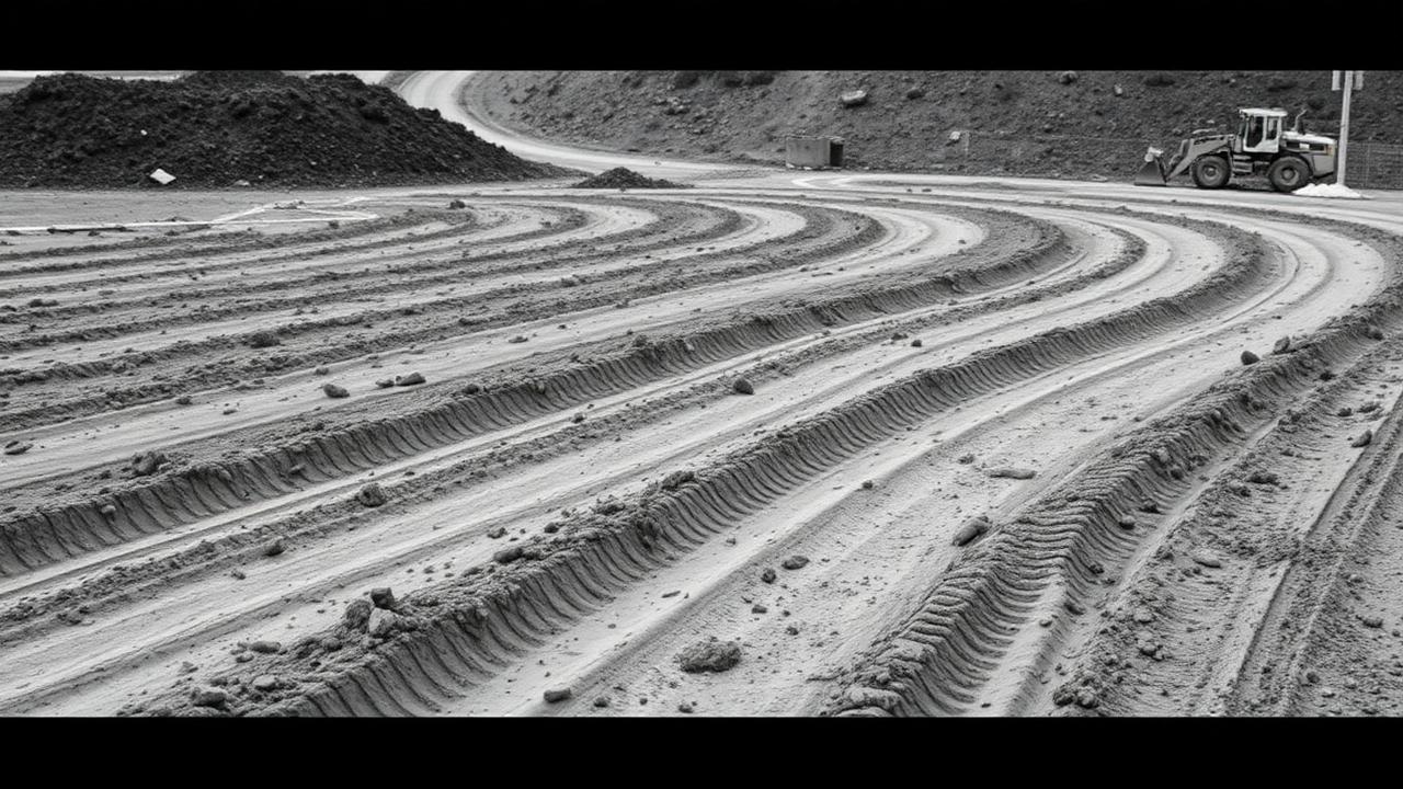 Black and white graded dirt lot with excavator tracks