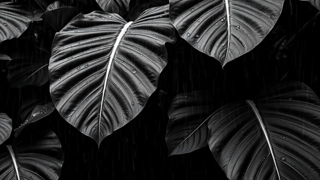 Black and white tropical rain on large monstera leaves