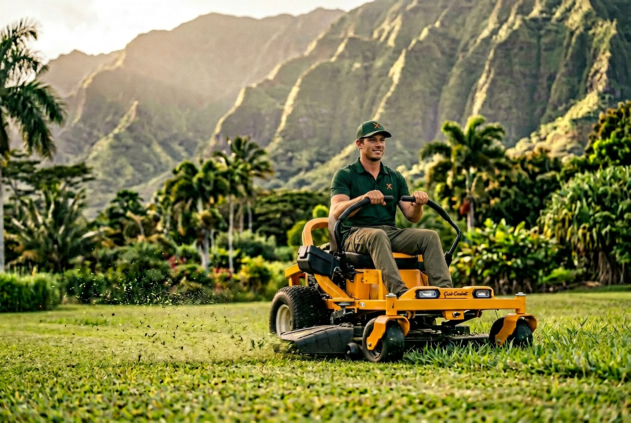 Yellow Cub Cadet zero-turn mower cutting a Kauaʻi estate lawn with mountain ridges in the background