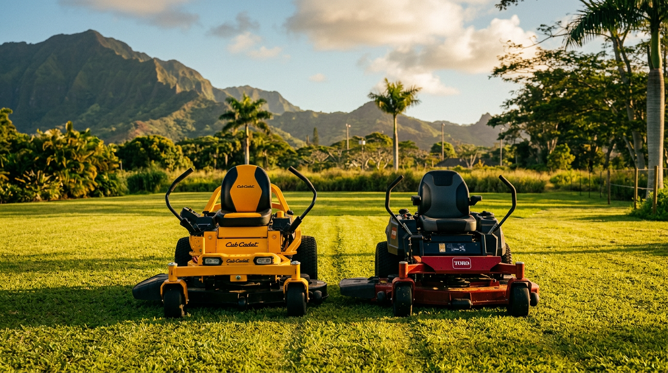 Kauaʻi Excavation's two zero-turn mowers parked on a freshly cut estate lawn with Kauaʻi mountains behind them