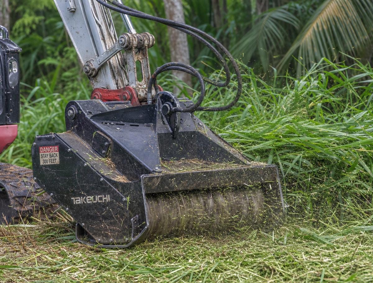 Close-up of a forestry mulcher head attached to a Takeuchi TB260 excavator boom pulverizing tall grass into green chips