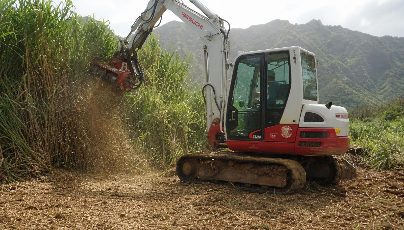 Takeuchi TB260 tracked excavator with a mulcher attachment knocking down tall guinea grass on a Kauaʻi hillside, with mountain ridges in the background