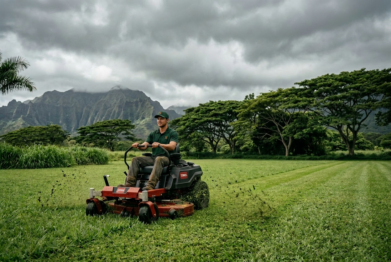 Red Toro zero-turn mower cutting a wide Kauaʻi pasture under tropical clouds
